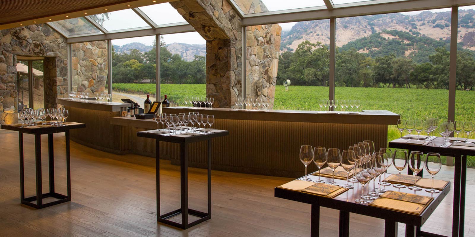 Image of a tasting room with vineyard panoramic view at Stag's Leap Wine Cellars in Napa Valley