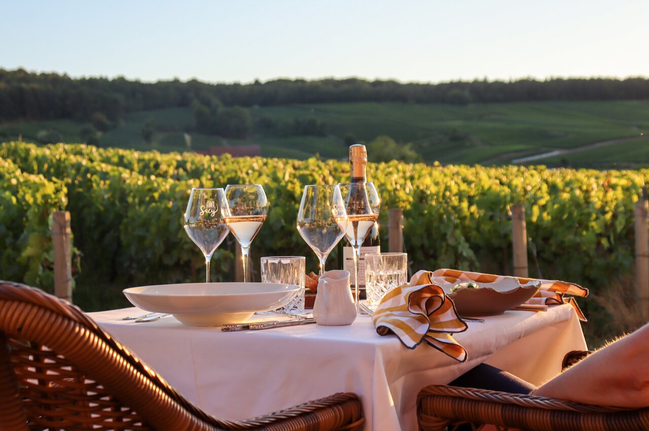 Image of a panoramic view of the Champagne vineyards from the terrace of Chateau de Sacy